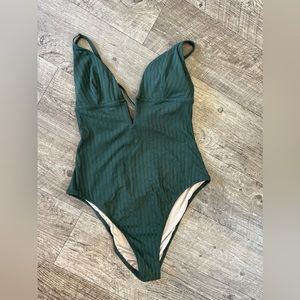 Women's Ribbed Plunge Front V-Wire One Piece Swimsuit - Shade & Shore Dark Green